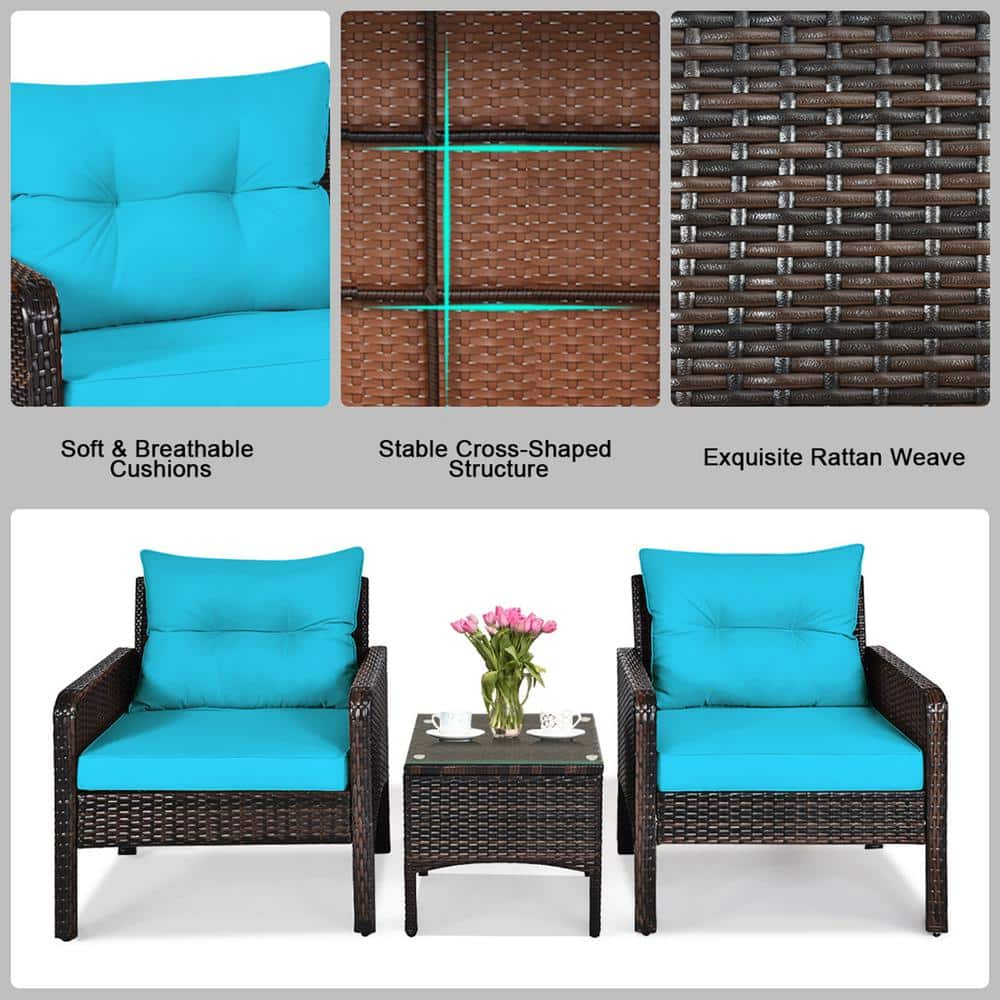 Gymax Rattan 3-Piece Wicker Patio Outdoor Furniture Set Coffee Table with Turquoise Cushion GYM07289