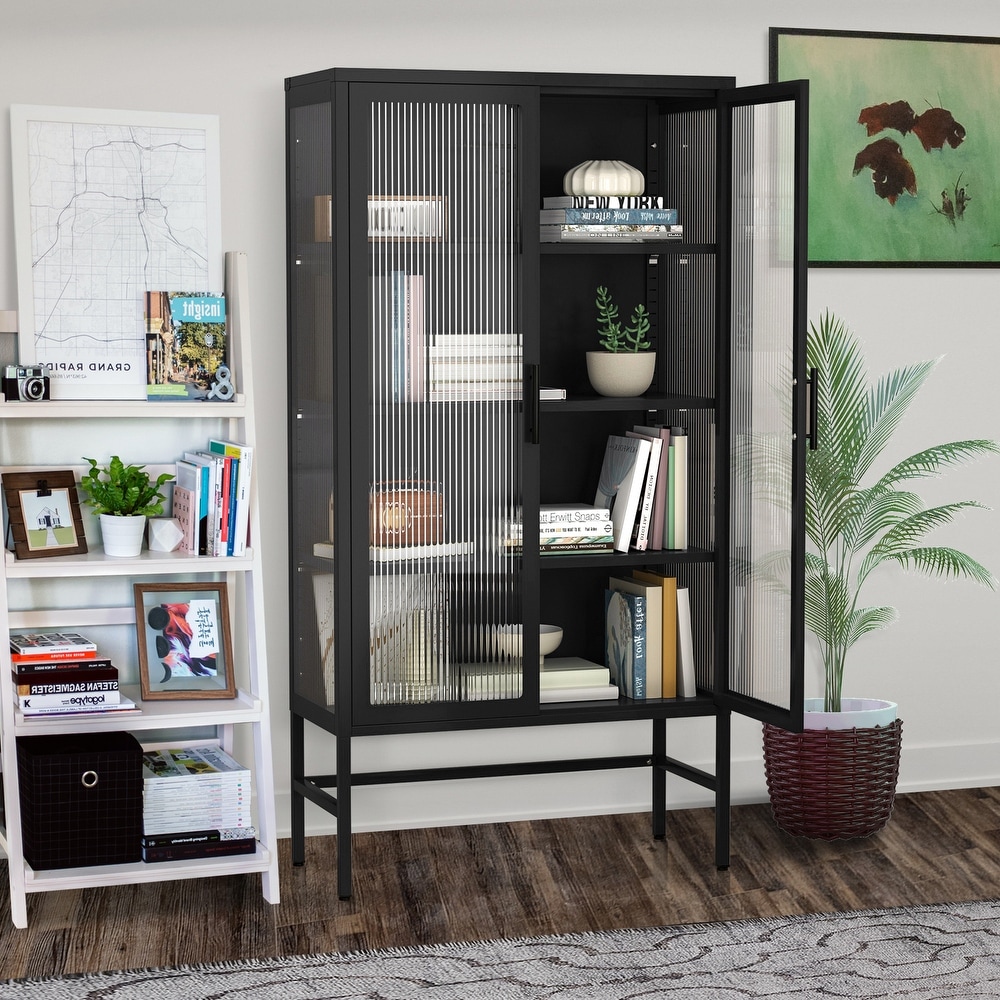 Double Glass Door Storage Cabinet with Adjustable Shelves and Feet Cold Rolled Steel Sideboard Furniture