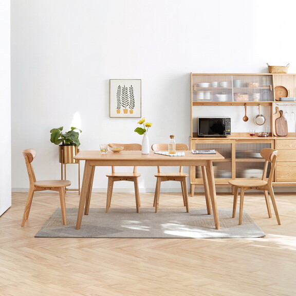 [One table with four chairs]Natural solid oak roun...