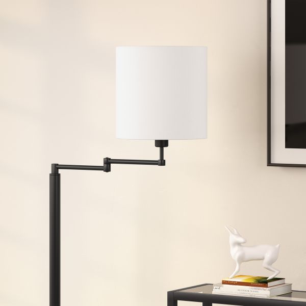 Moby Swing Arm Floor Lamp with Fabric Drum Shade in Blackened Bronze/White