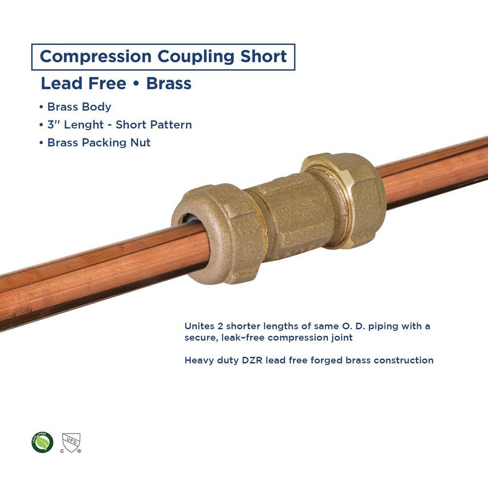 The Plumber's Choice Brass Compression Coupling Fitting with Packing Nut 34 in. Nominal Fitting x 3 in. Length 2256SCR