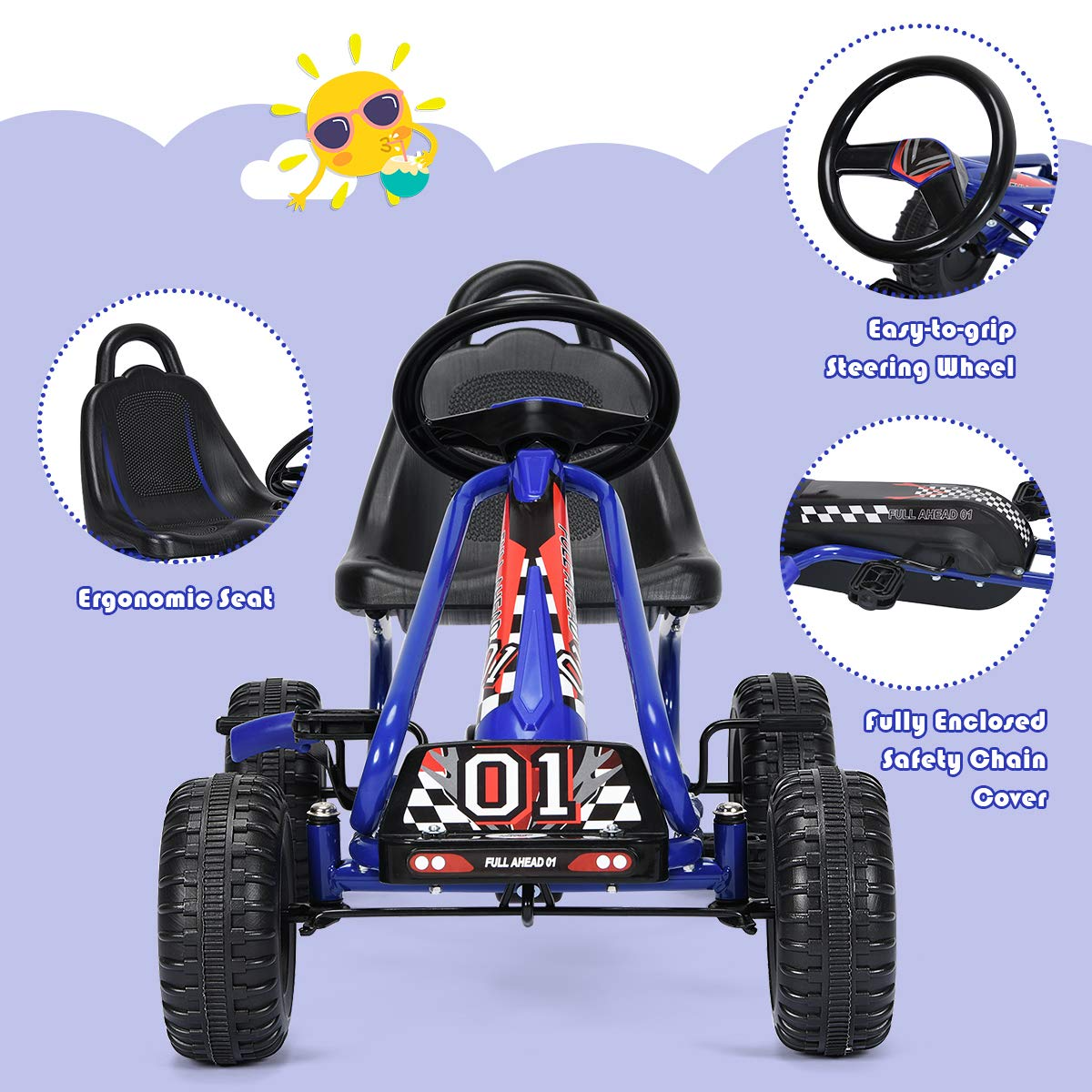 Costzon Kids Pedal Go Kart, 4 Wheel Pedal Powered Ride On Toys, Outdoor Racer Pedal Car with Adjustable Seat