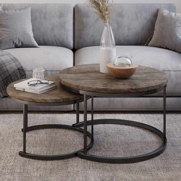 Round Coffee Table Set - 2-Piece Nesting Tables to Use Together or Separately - Modern Farmhouse Style (Gray-Brown)