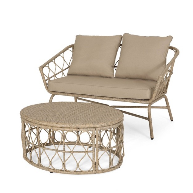 2pc Bruce Outdoor Wicker Loveseat amp Coffee Table Light Brown beige Christopher Knight Home