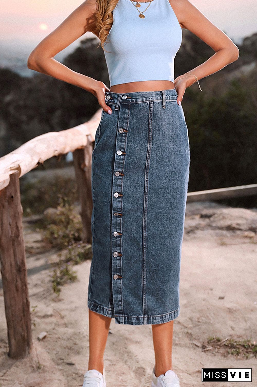 Slit Buttons High Waist Denim Skirt Wholesale