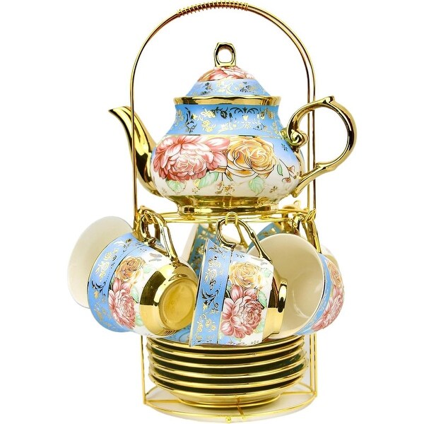 20 Pieces Porcelain Chinese Tea Set With Holder，Painting，Sky Blue