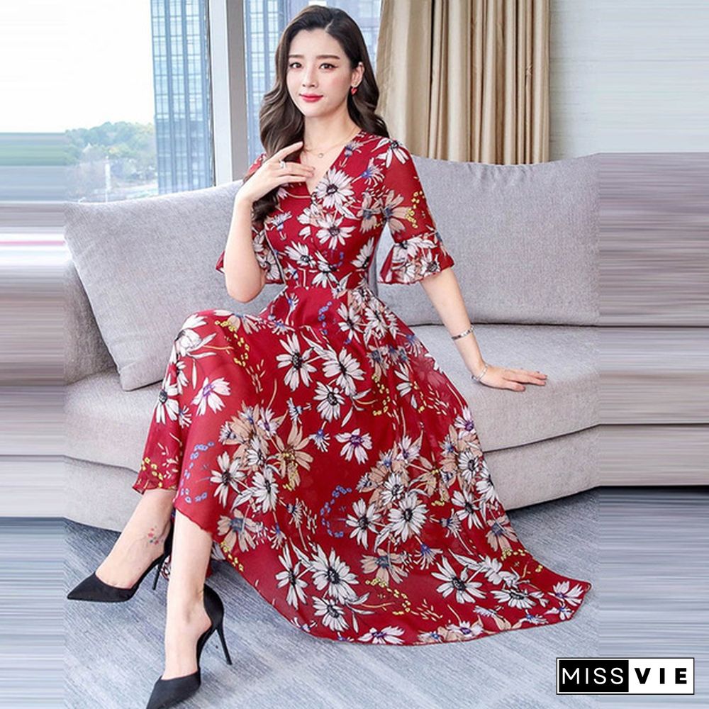 Fashion Floral Print Slim A-Line Dress Elegant Ladies Long Dress Women V-Neck Short Sleeve Chiffon Party Dresses