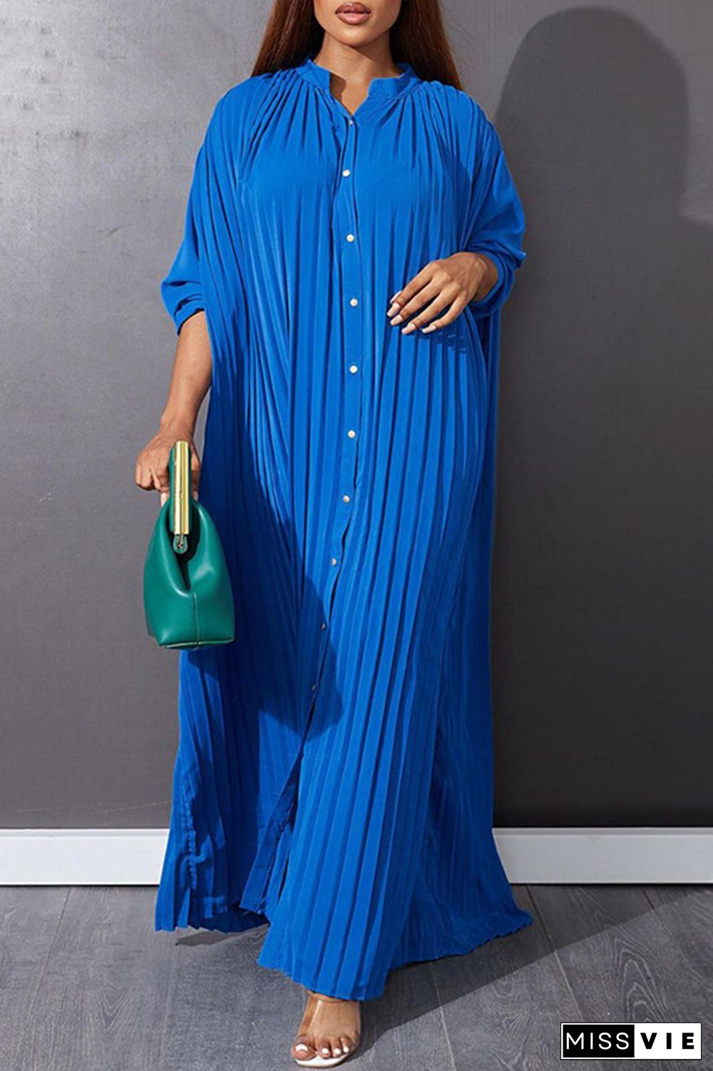 Blue Casual Solid Buckle O Neck Dresses