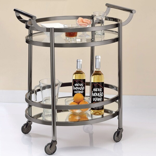 26.75 Inch Oval Shaped Metal Serving Cart with 2 Shelves， Brass - 34 H x 19 W x 27 L Inches