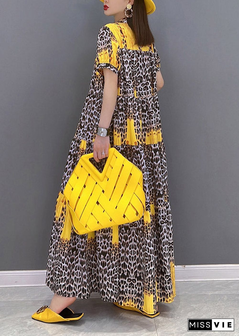 Yellow Print Patchwork Long Dress Short Sleeve