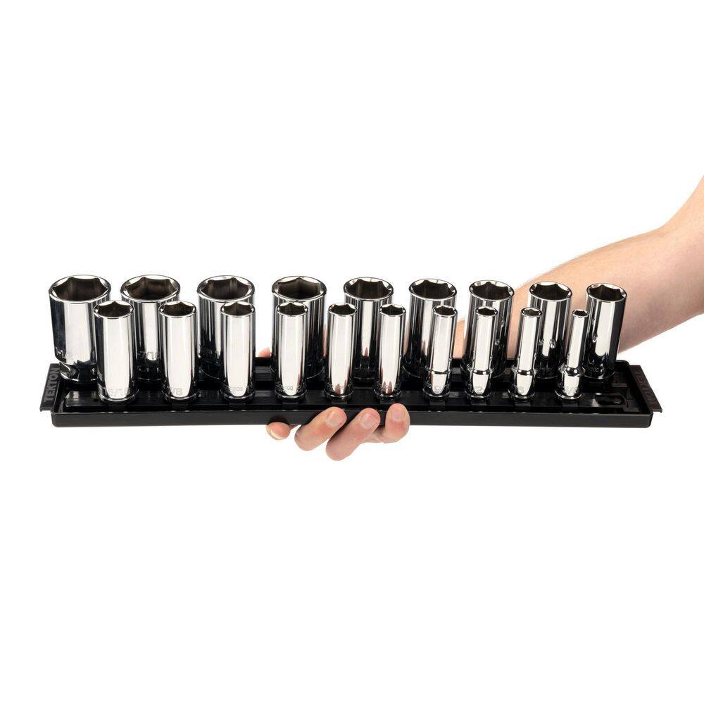 TEKTON 12 in. Drive Deep 6-Point Socket Set (19-Piece) (38 - 1-12 in.) with Rails SHD92123