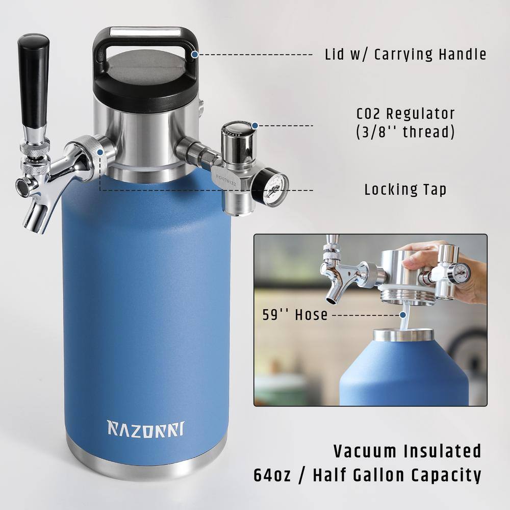 Razorri 64 oz. Stainless Steel Beer Growler Double-Wall Vacuum Insulated Carbonated Keg Half Gal. Ocean Blue Comodo CG64OZ