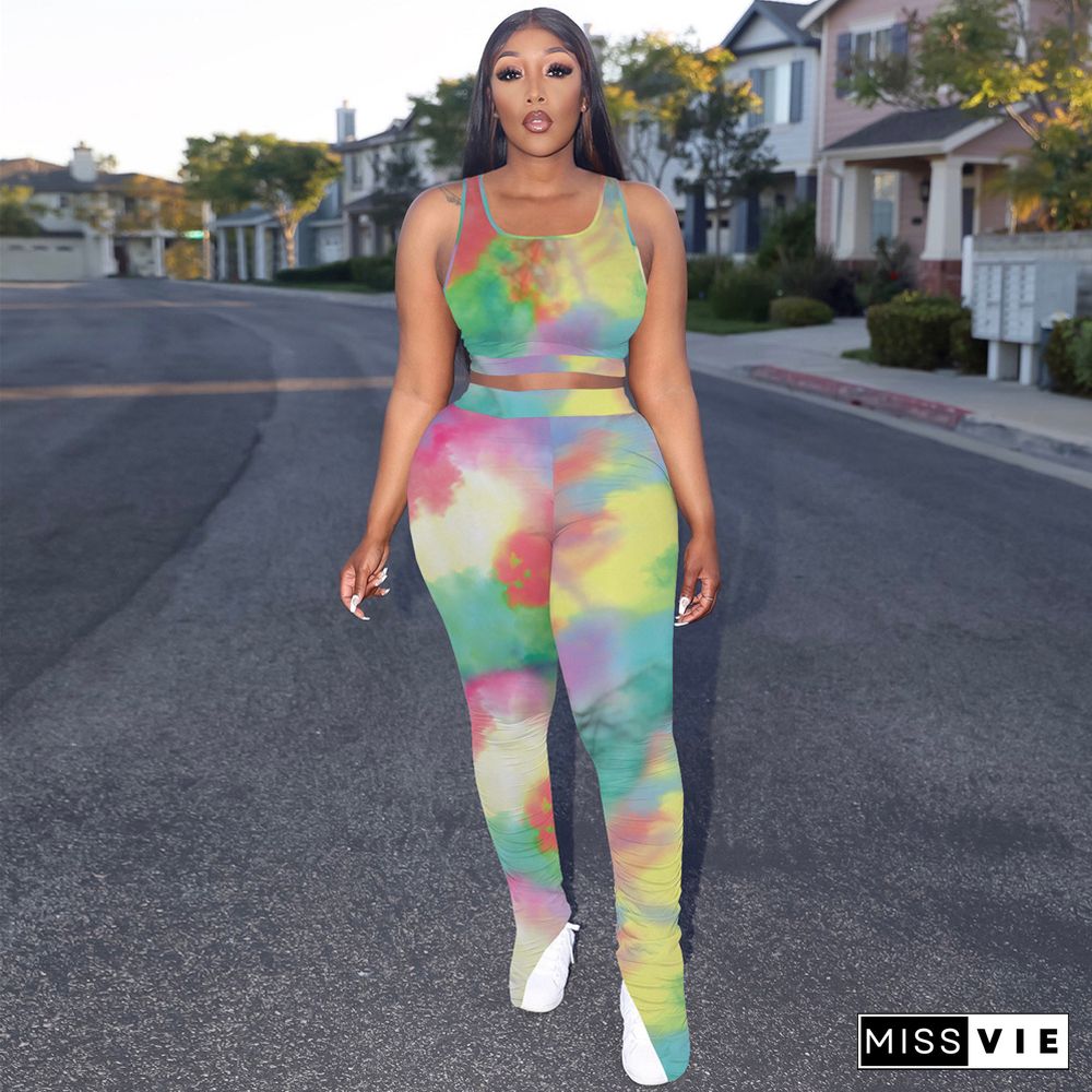 Tie-dye Print Crop Tanks Top and Pleated Pants Sweatsuit