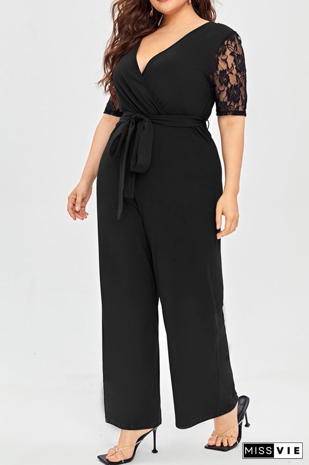 Deep V Neck Lace Sleeve Plus Size Jumpsuit Wholesale