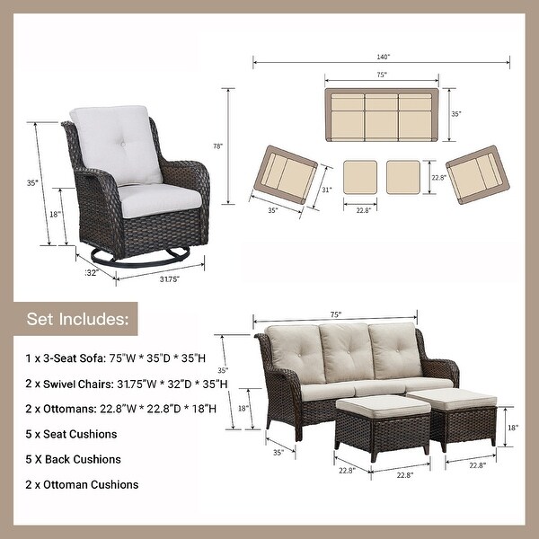 Pocassy 5Piece Outdoor Wicker Sofa Set with Swivel Chairs