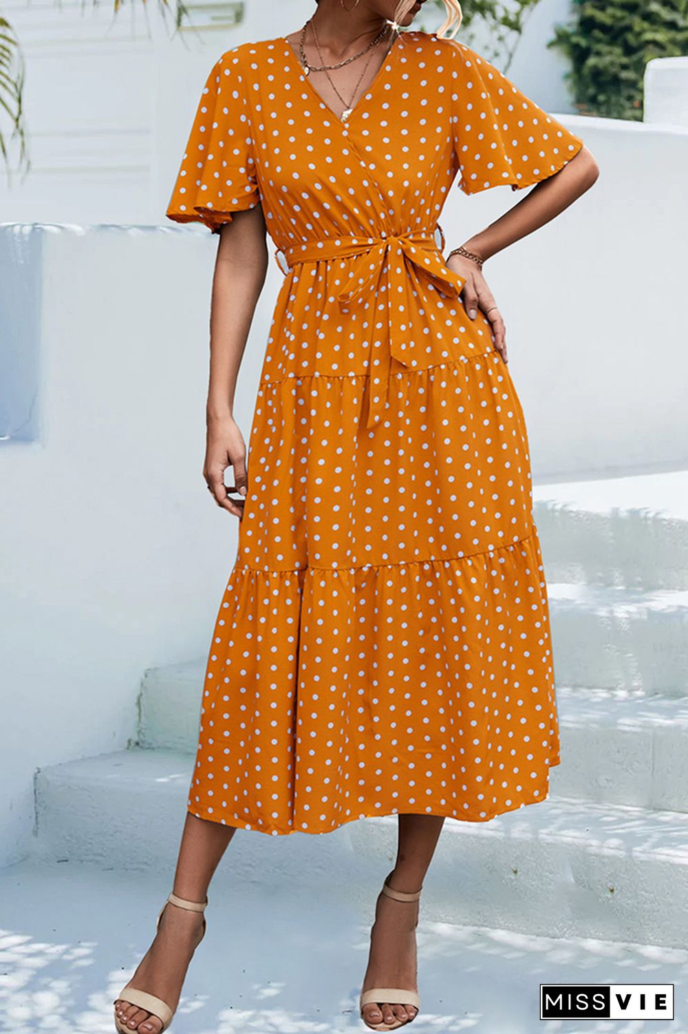 Polkadot V Neck Waist Tie Tiered Ruffle Dress