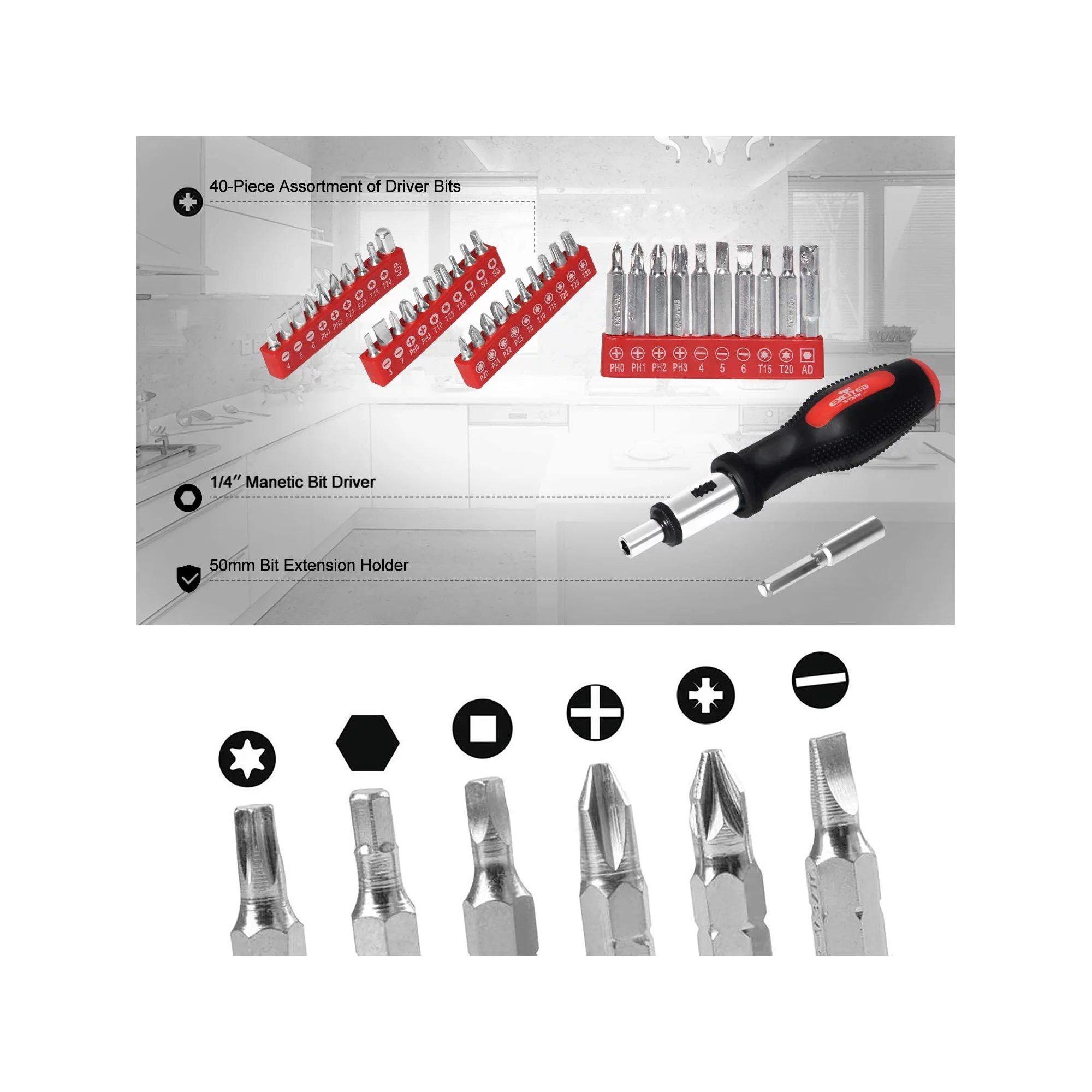 Excited Work 198 Pcs Hand Tool Set， Mechanic Tools Kit With Plastic Storage Case Wrench Screwdriver