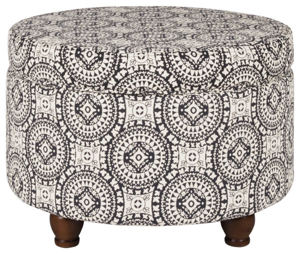 Medallion Pattern Fabric Upholstered Ottoman With Wooden Bun Feet  Cream  ampBlack   Traditional   Footstools And Ottomans   by VirVentures  Houzz