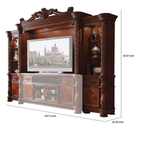 Crown Top Wooden Entertainment Center with Spacious Storage， Brown