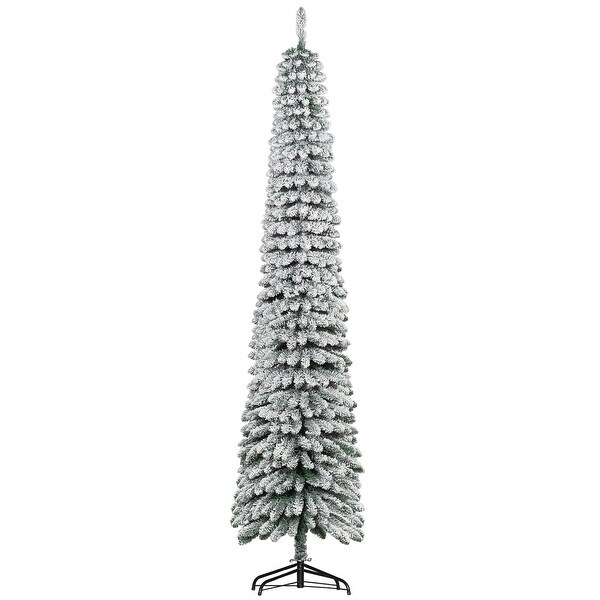 HOMCOM 8' Tall Unlit Snow Flocked Artificial Christmas Tree，Slim Pencil Xmas Tree with Realistic Branches and 603 Tips，Green