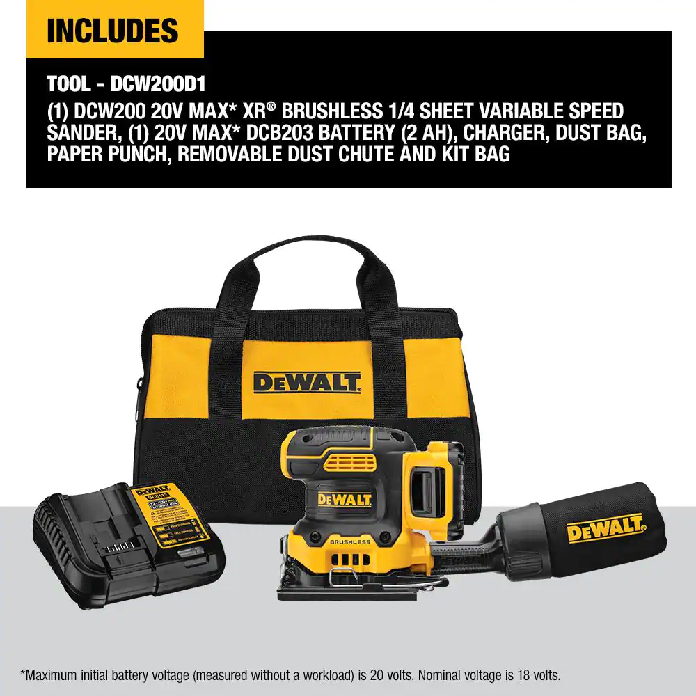 DEWALT DCW200D1 20-Volt MAX XR Cordless Brushless 1/4 Sheet Variable Speed Sander with (1) 20-Volt Battery 2.0Ah and Charger