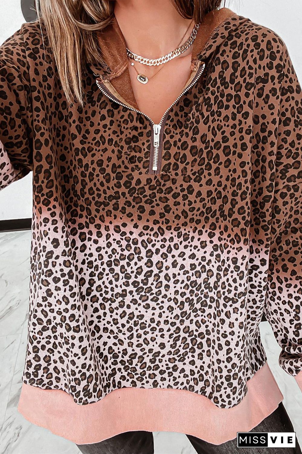 Leopard Half Zip Hooded Sweatshirt