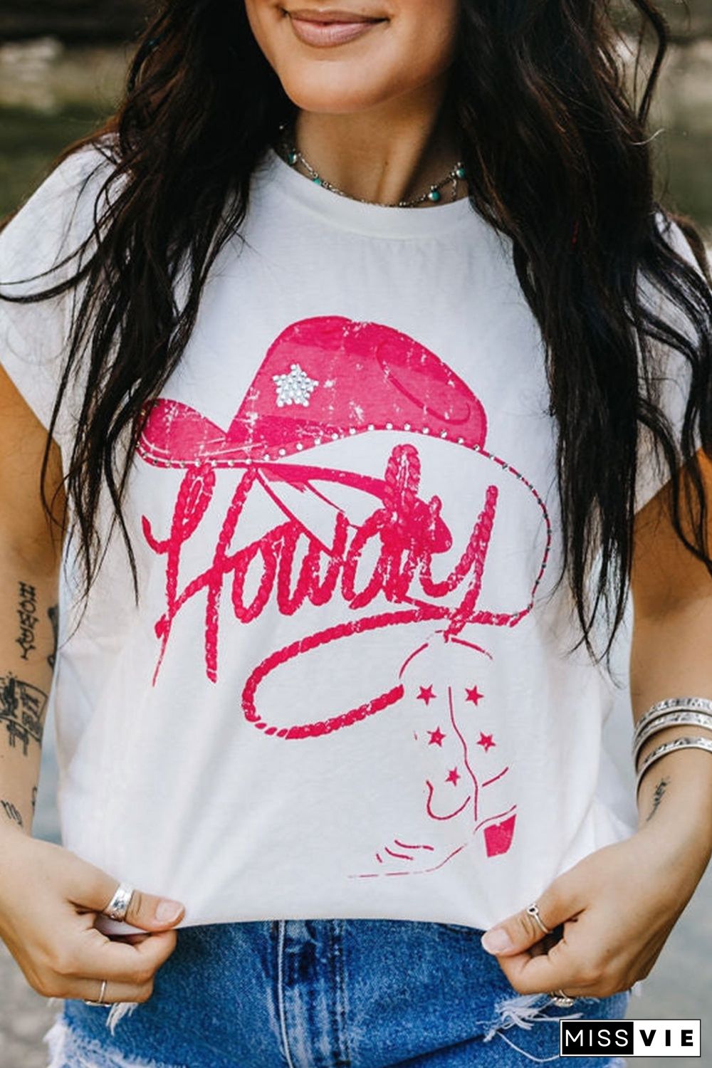 White Rhinestone Howdy Graphic Tee