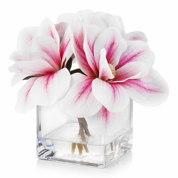 Enova Home Artificial Real Touch Magnolia Faux Flowers Arrangement in Cube Glass Vase with Faux Water Home Wedding Decoration