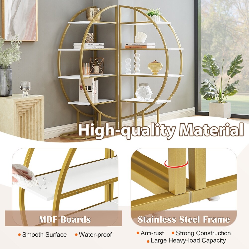 4 Tiers Home Office Round Shape Open Bookshelf with Gold Metal Frame