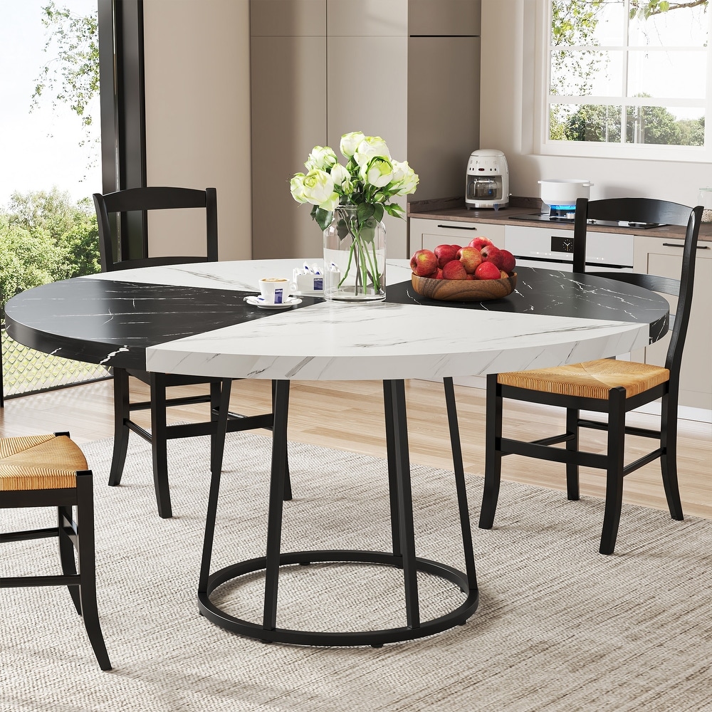 47 Inches Round Dining Kitchen Dinner Table with Faux Marble Tabletop