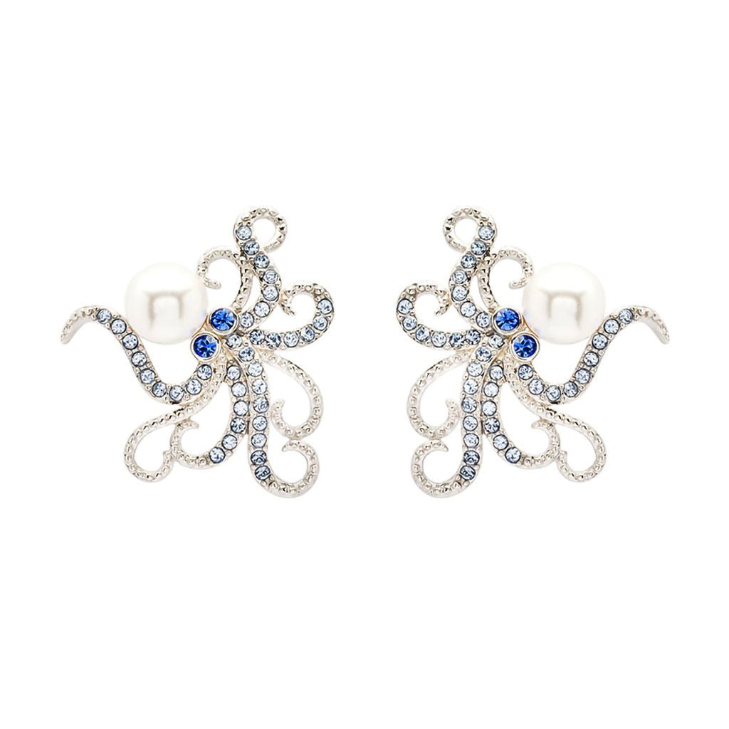 Ocean  Sterling Silver Pearl with Blue Crystal Octopus Earrings