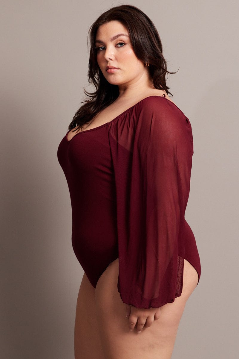 Red Bodysuit Long Sleeve Sweetheart Neckline