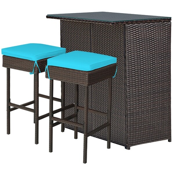 Costway 3PCS Patio Rattan Wicker Bar Table Stools Dining Set Cushioned