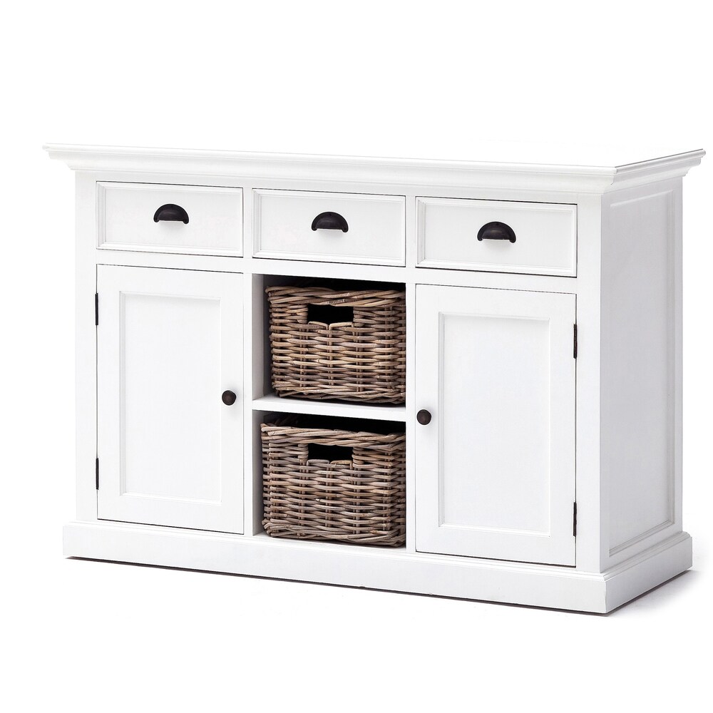 NovaSolo Halifax Coastal White Buffet with 2 Baskets  Solid Mahogany Frame  49.21 x 19.69 x 33.46   49.21 x 19.69 x 33.46