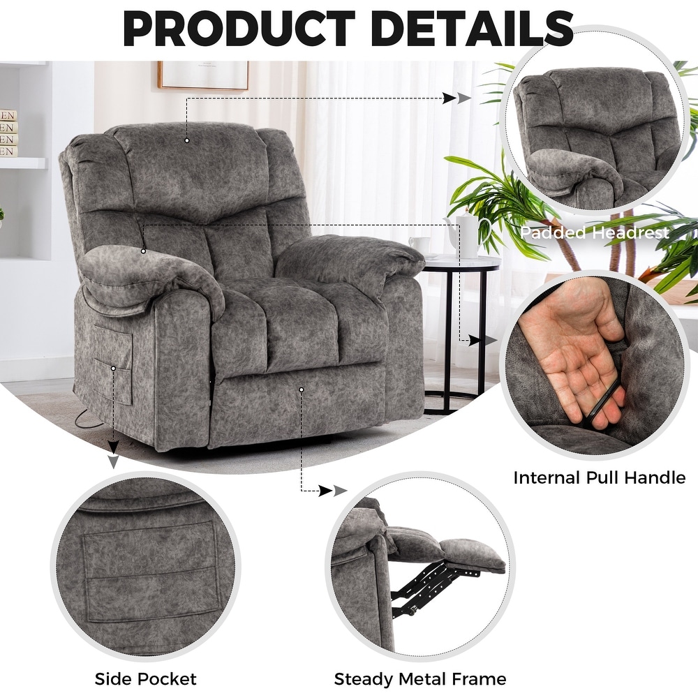 Grey Velvet Swivel and Rocking Recliner Chair with Massage  Heating  USB Charging  and Cup Holders  Enlarged   Widen Seat