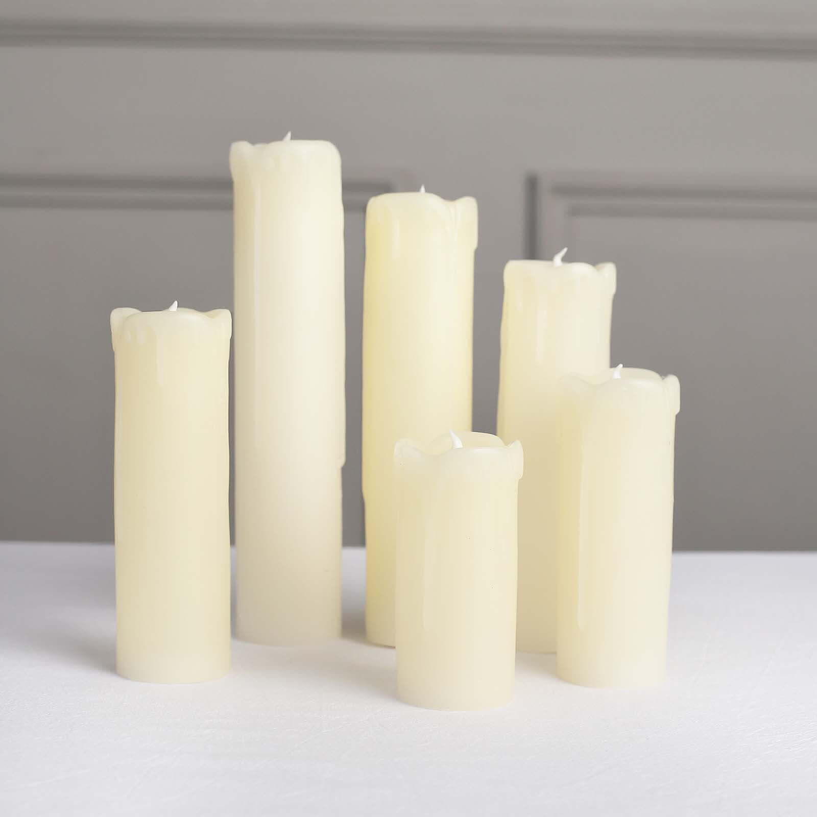 Set of 6 Warm White Flameless Flicker LED Drip Wax Pillar Candles, Battery Operated Luminaria Holiday Candles