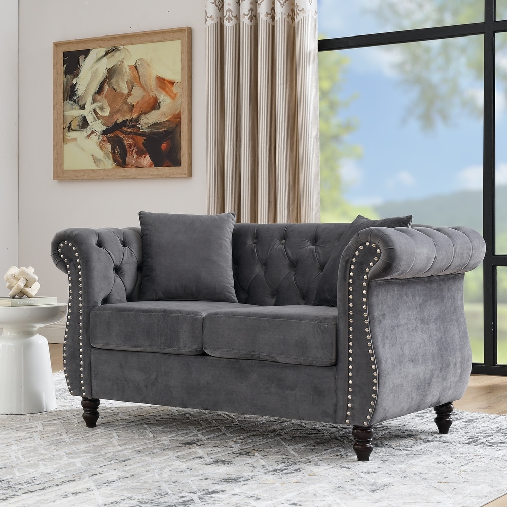 Grey Velvet Chesterfield Sofa Set with Nailhead Trim and Tufted Low Back  Includes Pillows  3 Seater Sofa + Loveseat