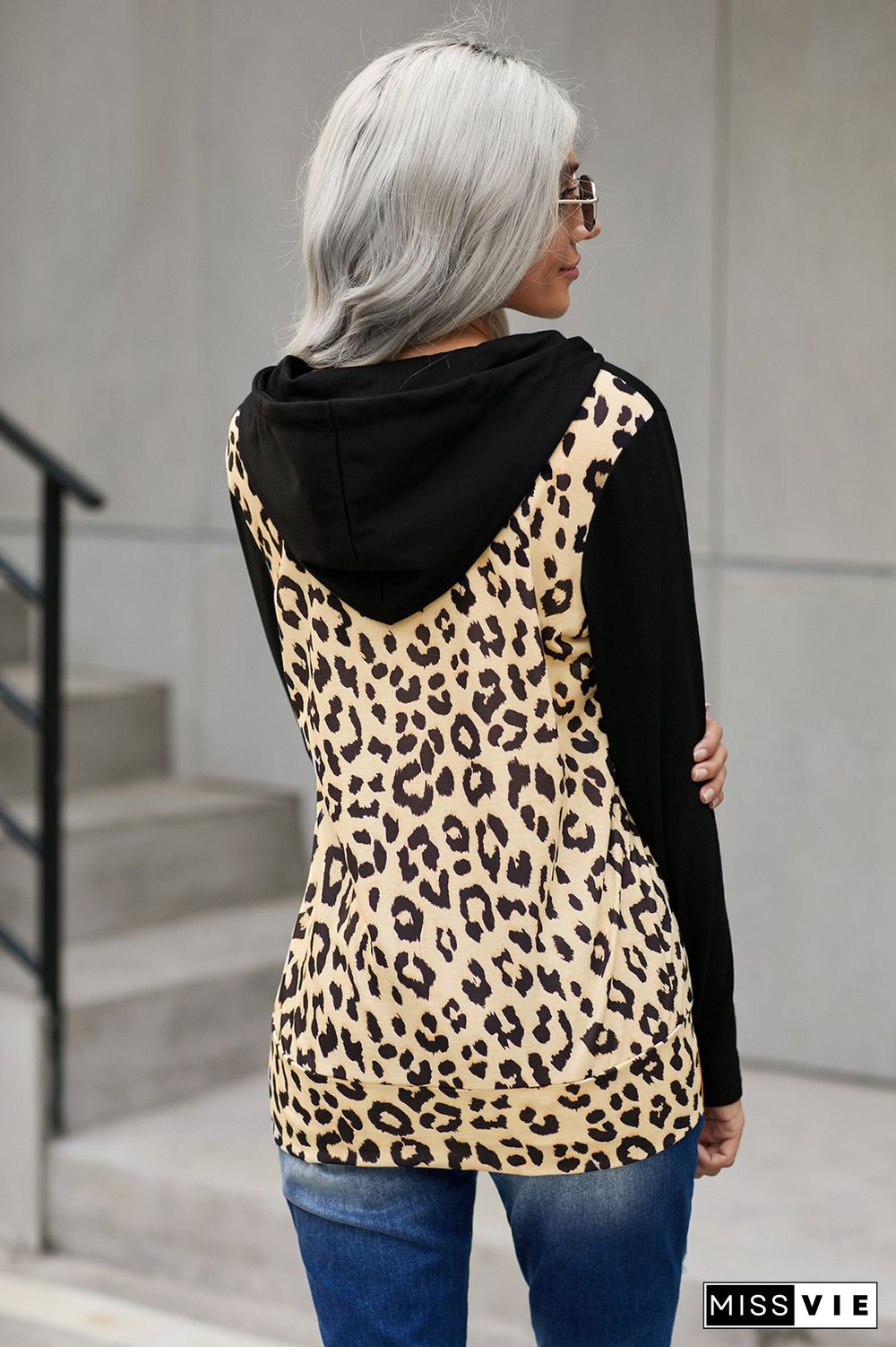 Leopard Print Stitching Half Zip Kangaroo Pocket Drawstring Hoodie