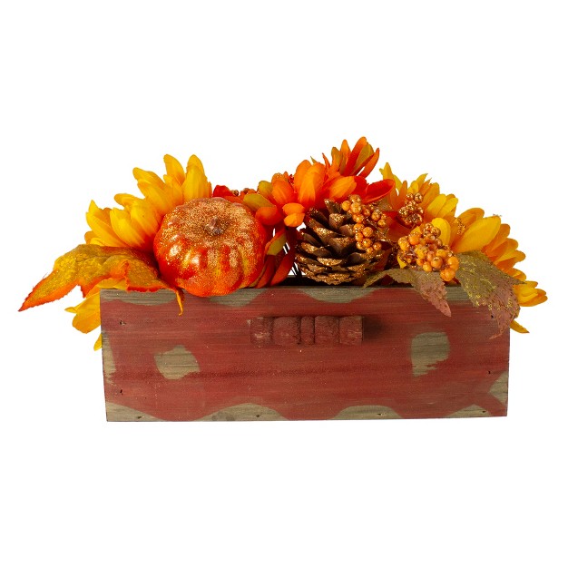 Autumn Harvest Maple Leaf And Berry Arrangement In Rustic Wooden Box Centerpiece