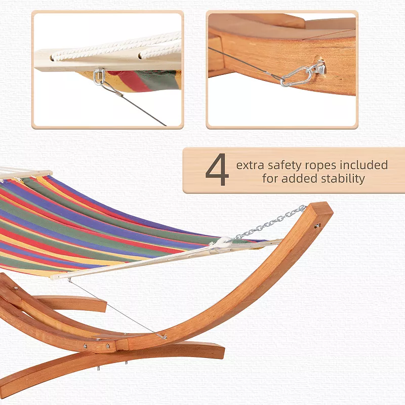 Outsunny Camping Hammock Outdoor Arch Wooden Hammock Bed with Stand w/ Straps and Hooks Multi color Stripe