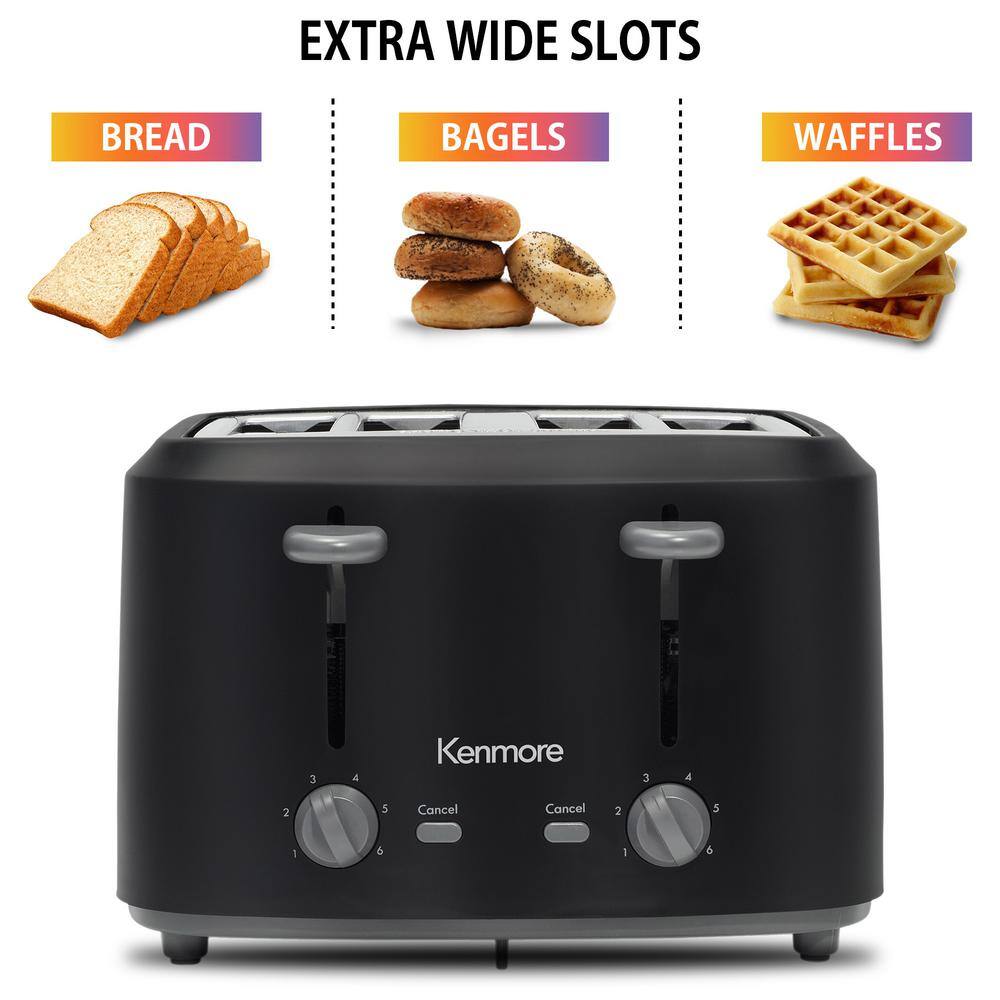 KENMORE Kenmore 4-Slice Toaster with Dual Controls Matte Black and Grey Wide Slots Adjustable Browning KKTS4SB