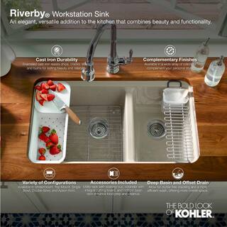 KOHLER Riverby Undermount Cast Iron 33 in. 5-Hole Double Bowl Kitchen Sink Kit in White K-8669-5UA3-0