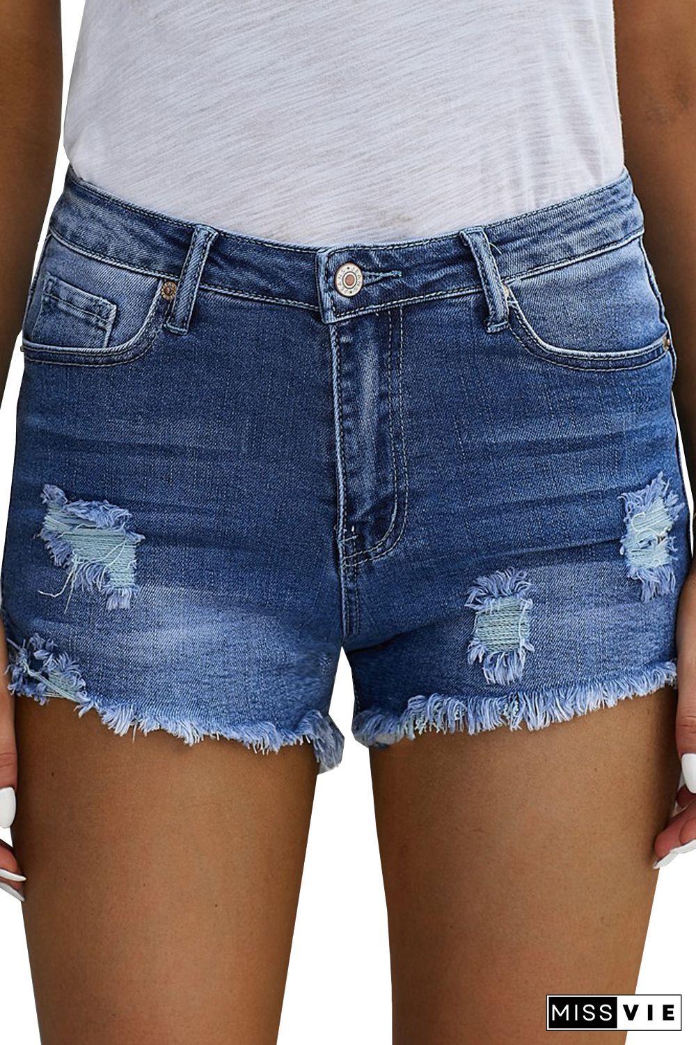 Dark Blue Distressed Ripped Denim Shorts with Pockets