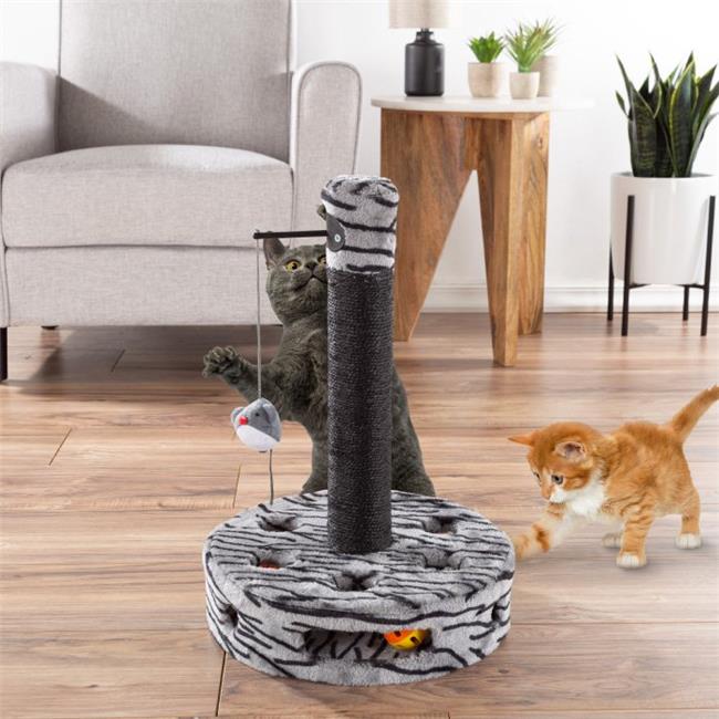 Interactive Cat Scratching Post- Built-In Rolling Ball and Track Toyand#44; Sisal Scratch Pole and Hanging Mouseand#44; Black and Gray