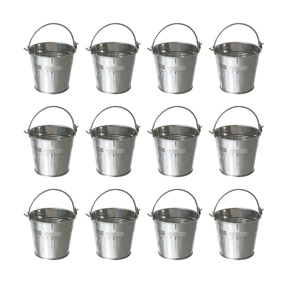 12pcs Mini Tinplate Metal Bucket Icing French Fries Tin Pails - 10.5x7.2x10.5cm (silver)