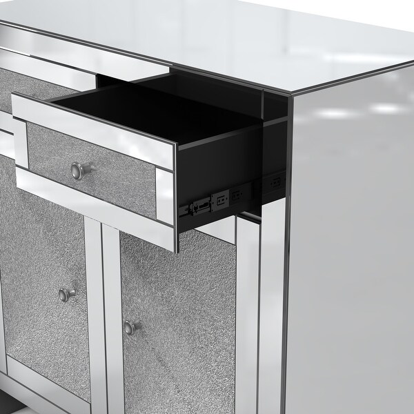 Mirrored Accent Cabinet， Silver TV Console Cabinet Modern Glass Sideboard with 2 Drawers and 2 Cabinets