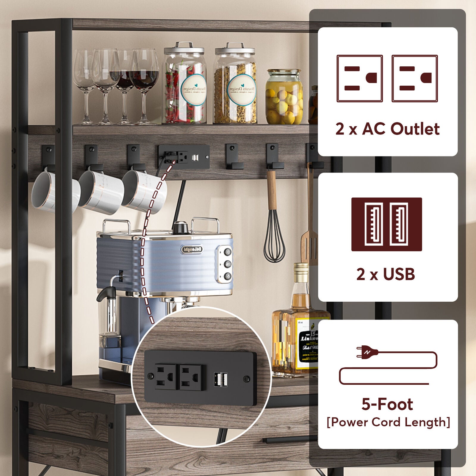 Tribesigns Kitchen Bakers Rack with Power Outlets and Drawer， 5 Tier Microwave Oven Stand with Sliding Shelves and Hooks， Grey