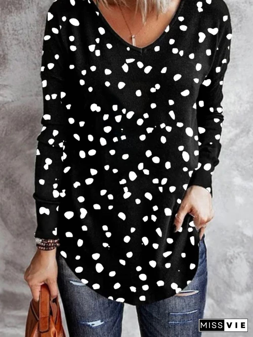 Casual Polka Dots Long Sleeve V Neck Plus Size Printed Tops T-shirts