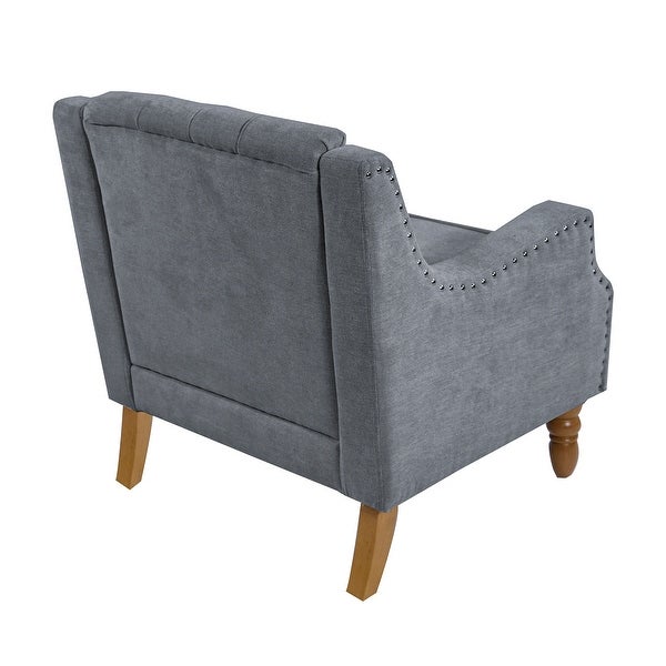 Button Tufted Upholstered Arm Accent Chair with Vintage Studs， Grey