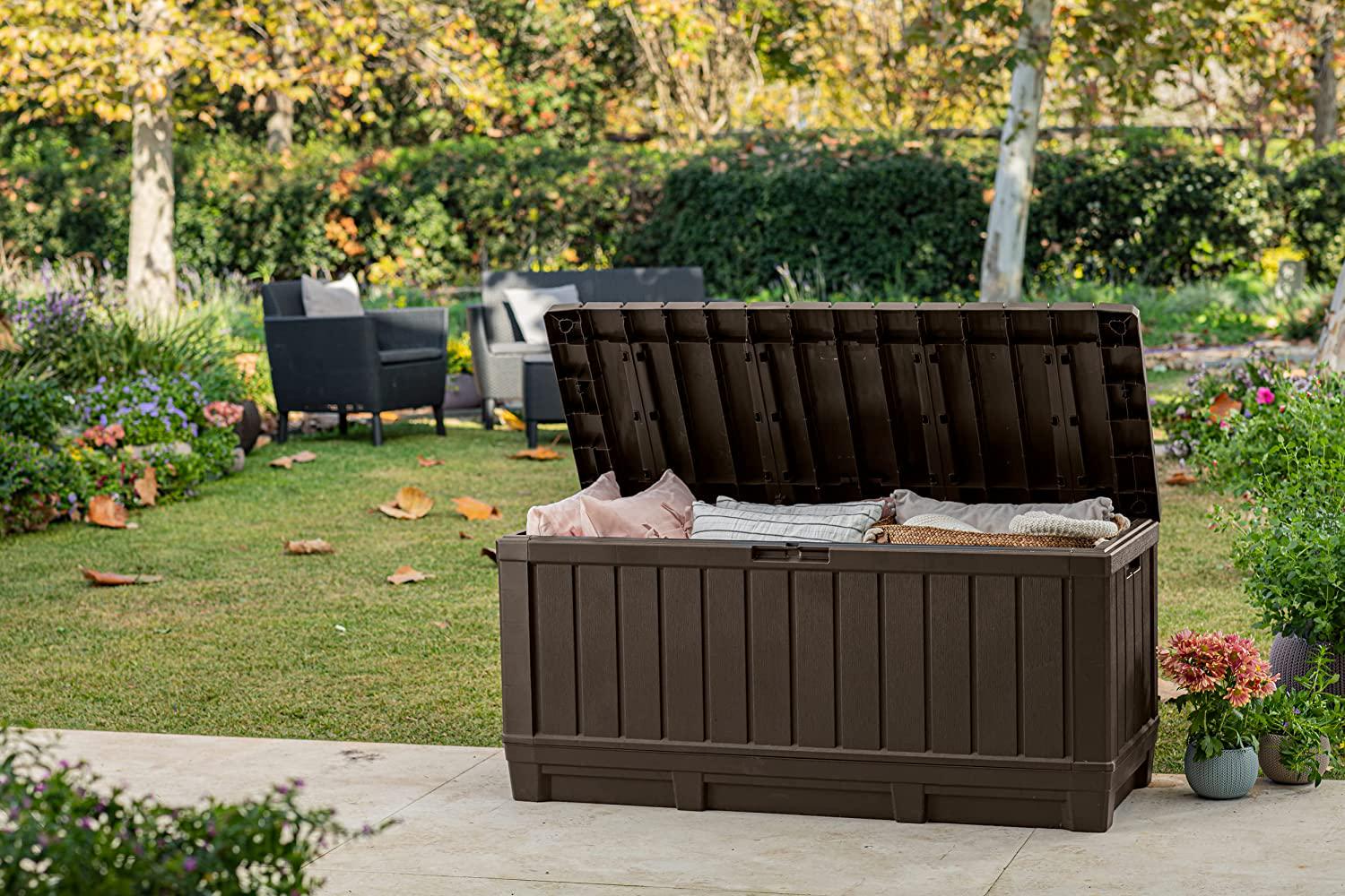 Keter Kentwood 90 Gallon Resin Deck Box-Organization and Storage for Patio Furniture Outdoor Cushions, Throw Pillows, Garden Tools and Pool Toys, Brown